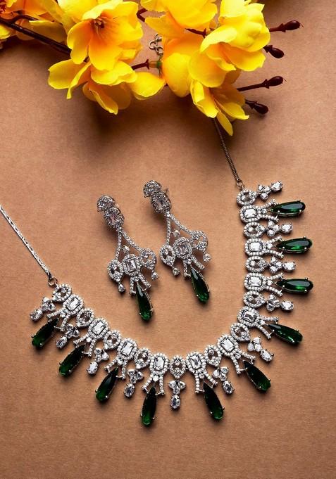 Silver Plated American Diamond Stone Studded Jewellery Set