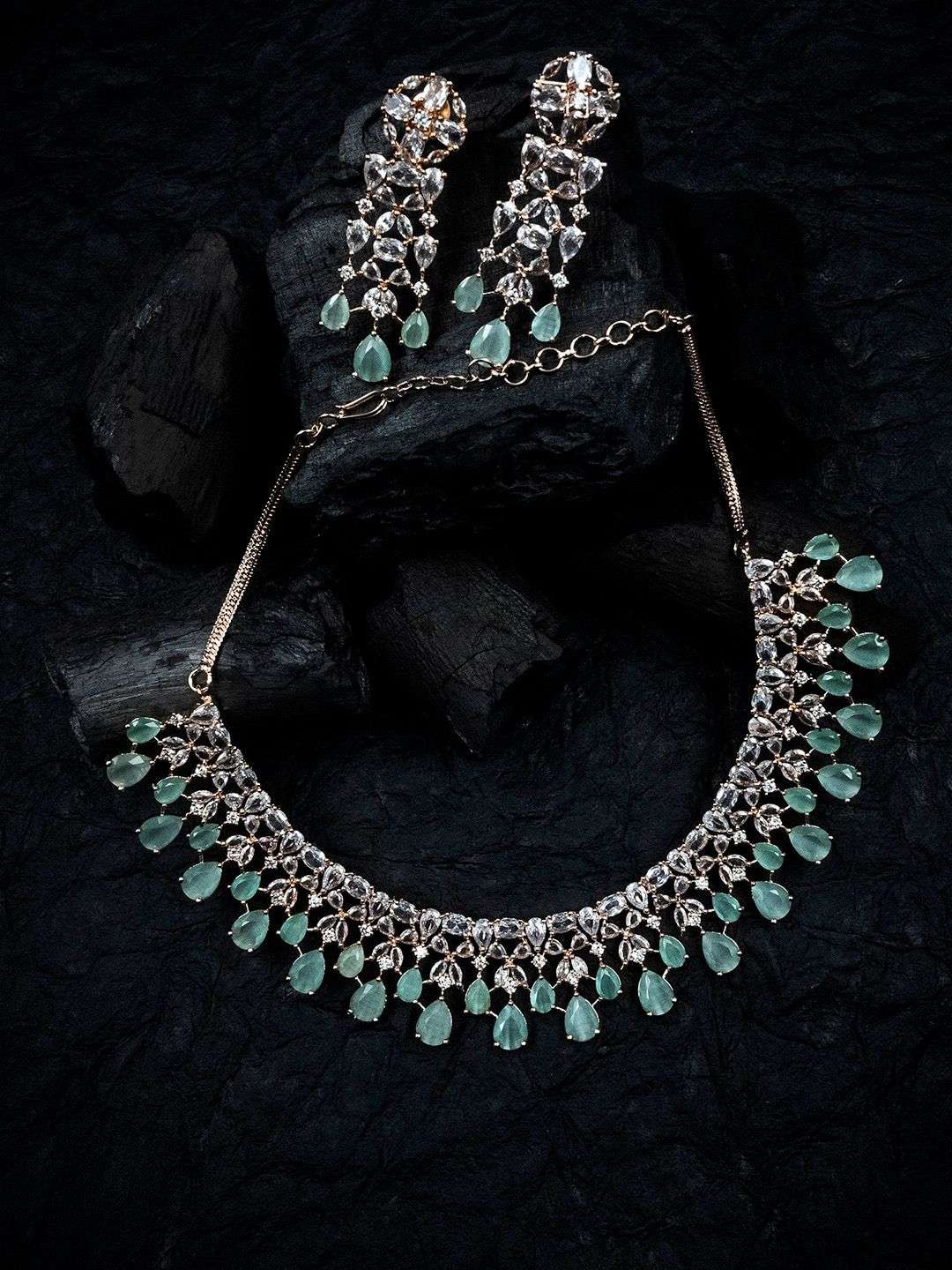Rose Gold Plated Cz Studded Jewellery Set - Indya