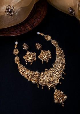 Gold Plated Stone Studded And Beaded Temple Necklace And Earrings