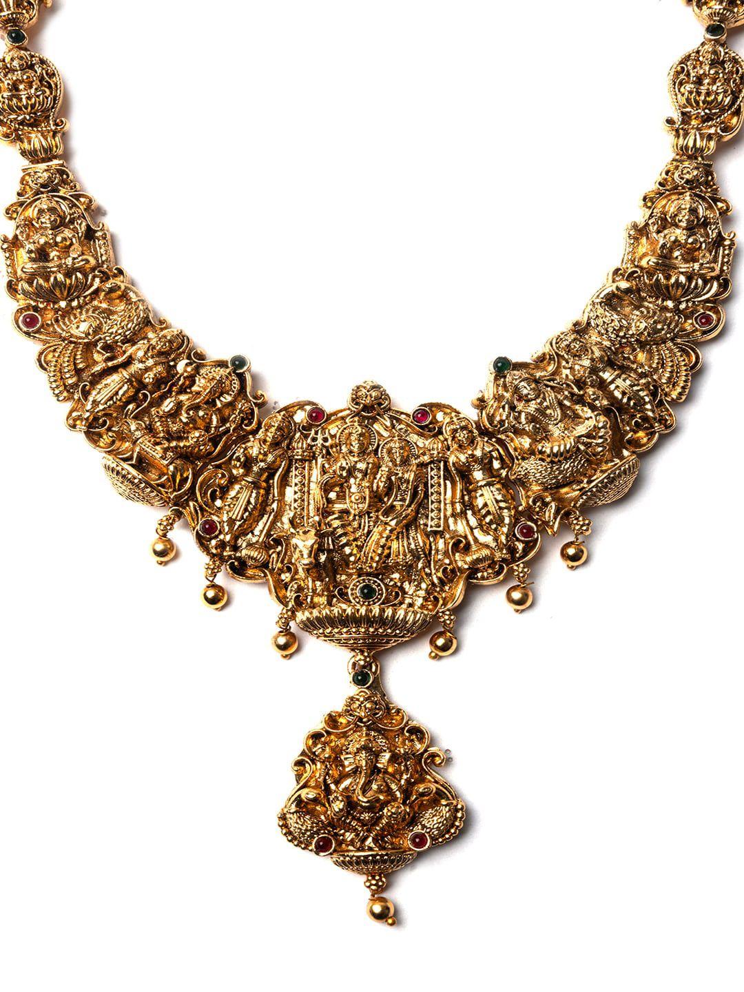 Gold Plated Stone Studded And Beaded Temple Necklace And Earrings