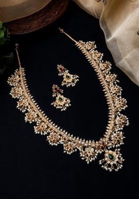 Gold Plated Stone Studded And Pearls Beaded Guttapusallu Necklace And Earrings