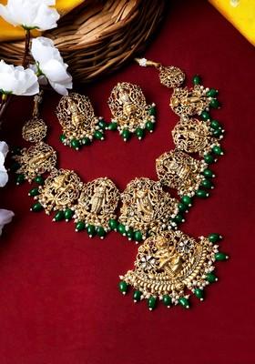 Gold Plated Stone Studded And Beaded Temple Jewellery Set