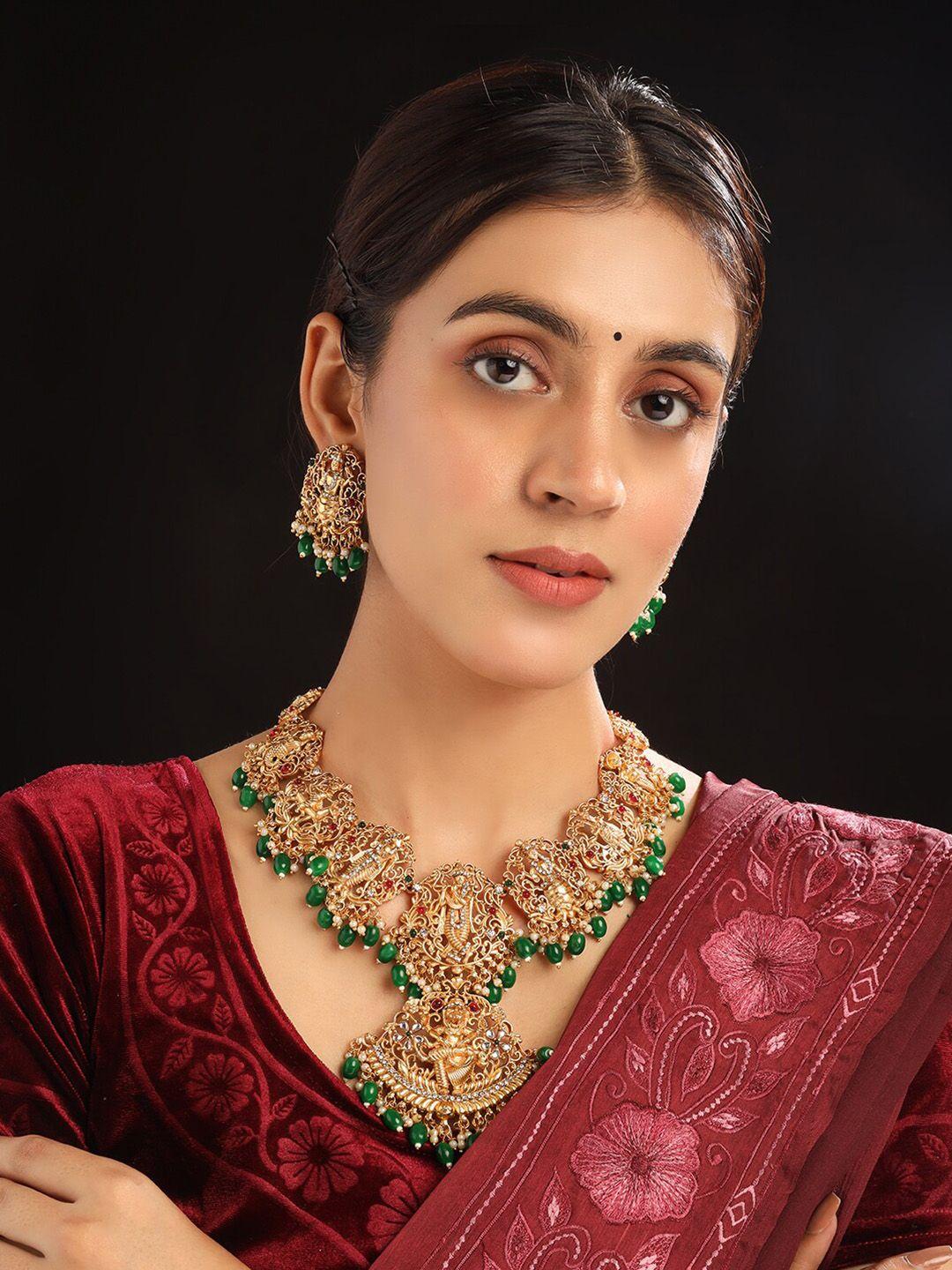 Gold Plated Stone Studded And Beaded Temple Jewellery Set