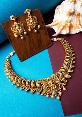 Gold Plated Stones Studded And Beaded Temple Jewellery Set