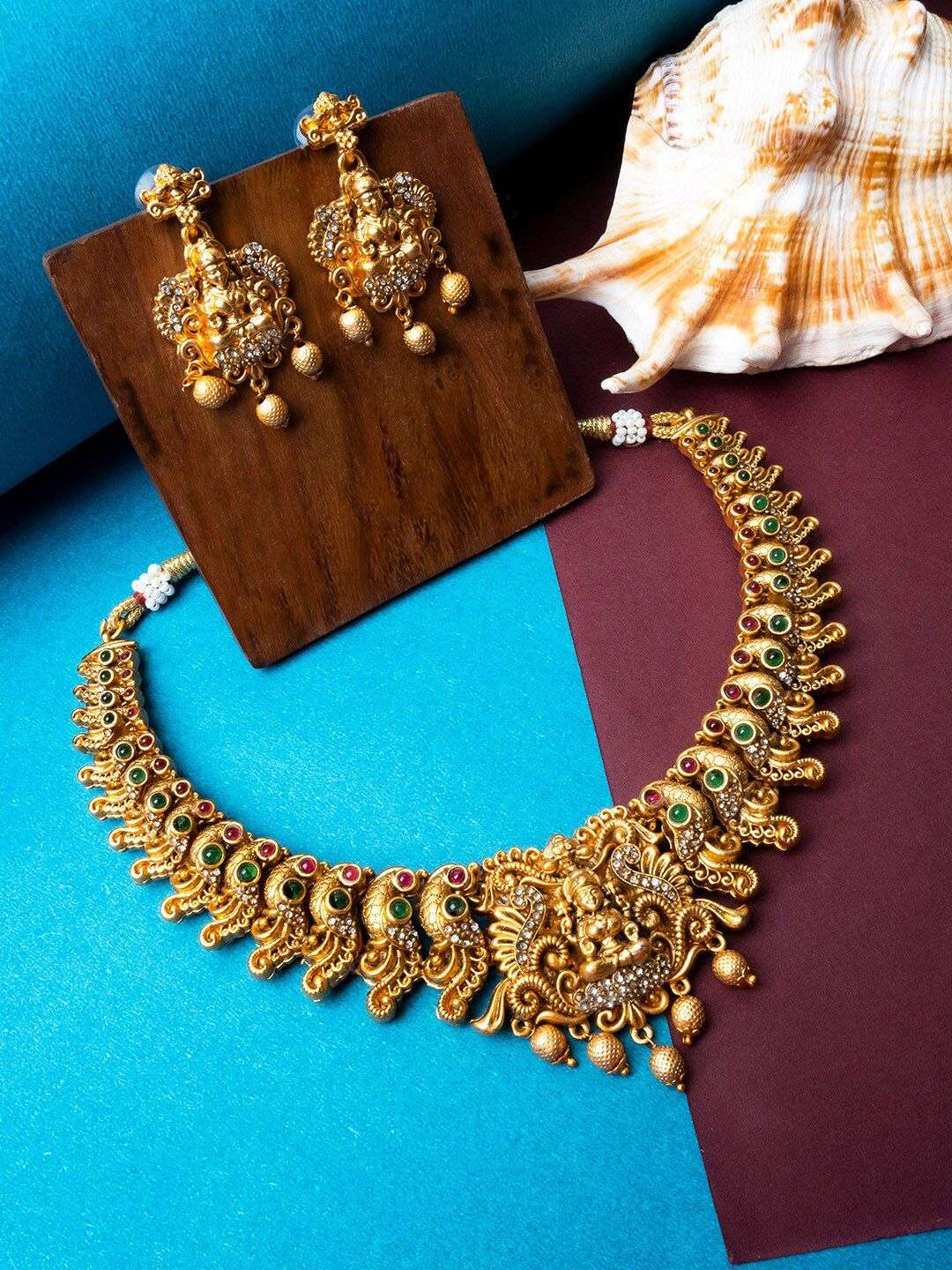 Gold Plated Stones Studded And Beaded Temple Jewellery Set - Indya