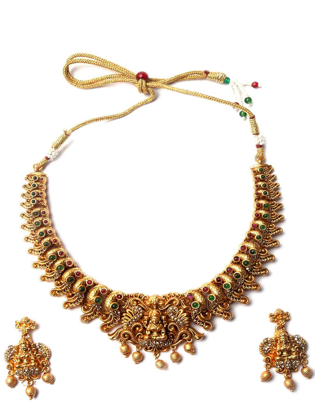 Gold Plated Stones Studded And Beaded Temple Jewellery Set