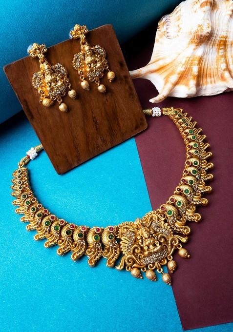 Gold Plated Stones Studded And Beaded Temple Jewellery Set