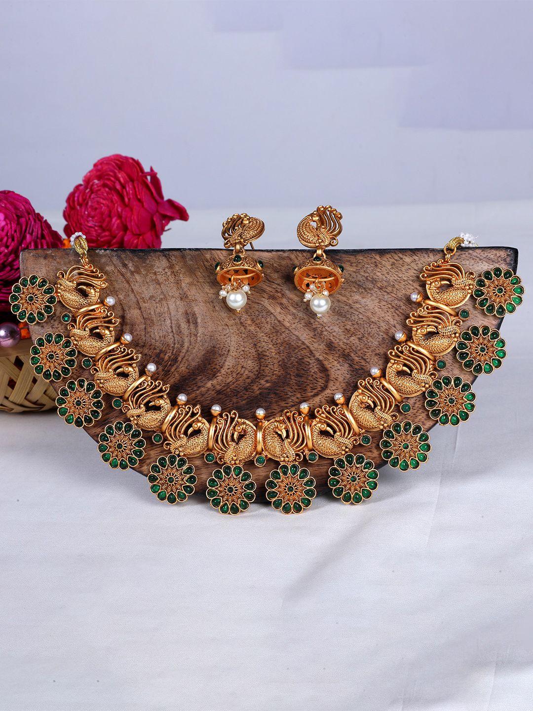 Gold Plated Stones Studded And Beads Beaded Necklace With Earrings