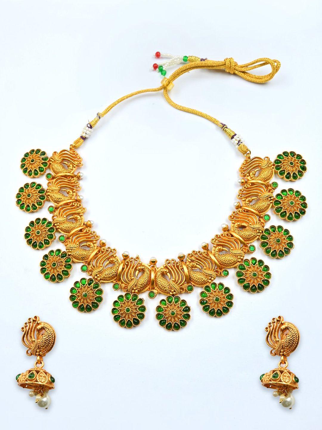 Gold Plated Stones Studded And Beads Beaded Necklace With Earrings