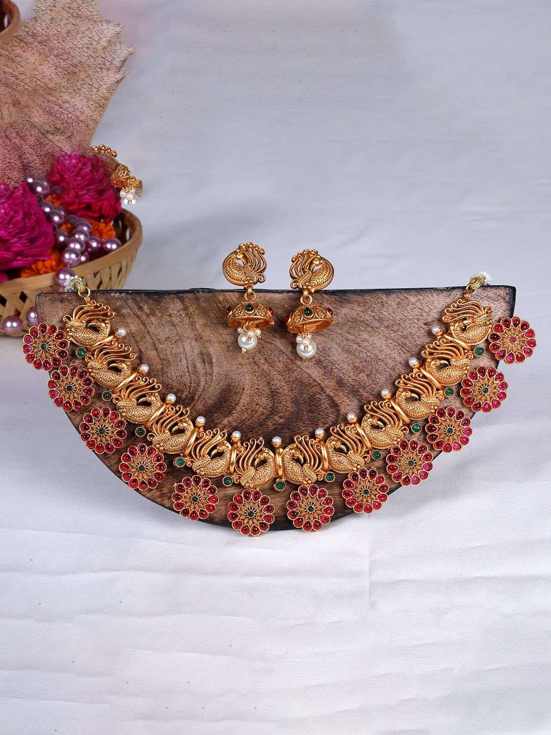 Gold Plated Stone Studded And Beaded Temple Jewellery Set - Indya