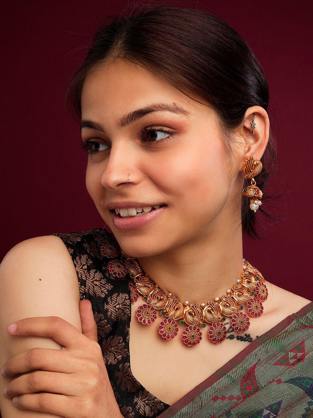 Gold Plated Stone Studded And Beaded Temple Jewellery Set