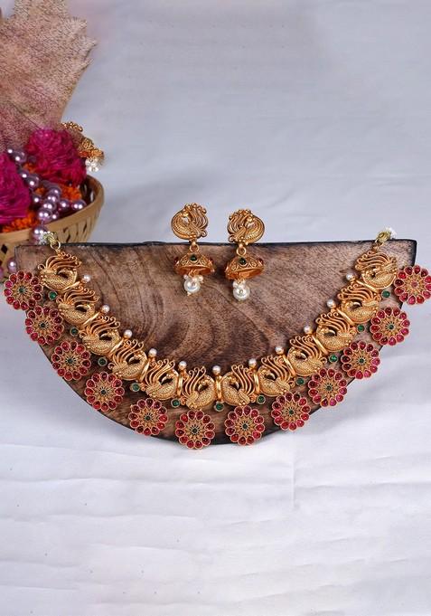 Gold Plated Stone Studded And Beaded Temple Jewellery Set