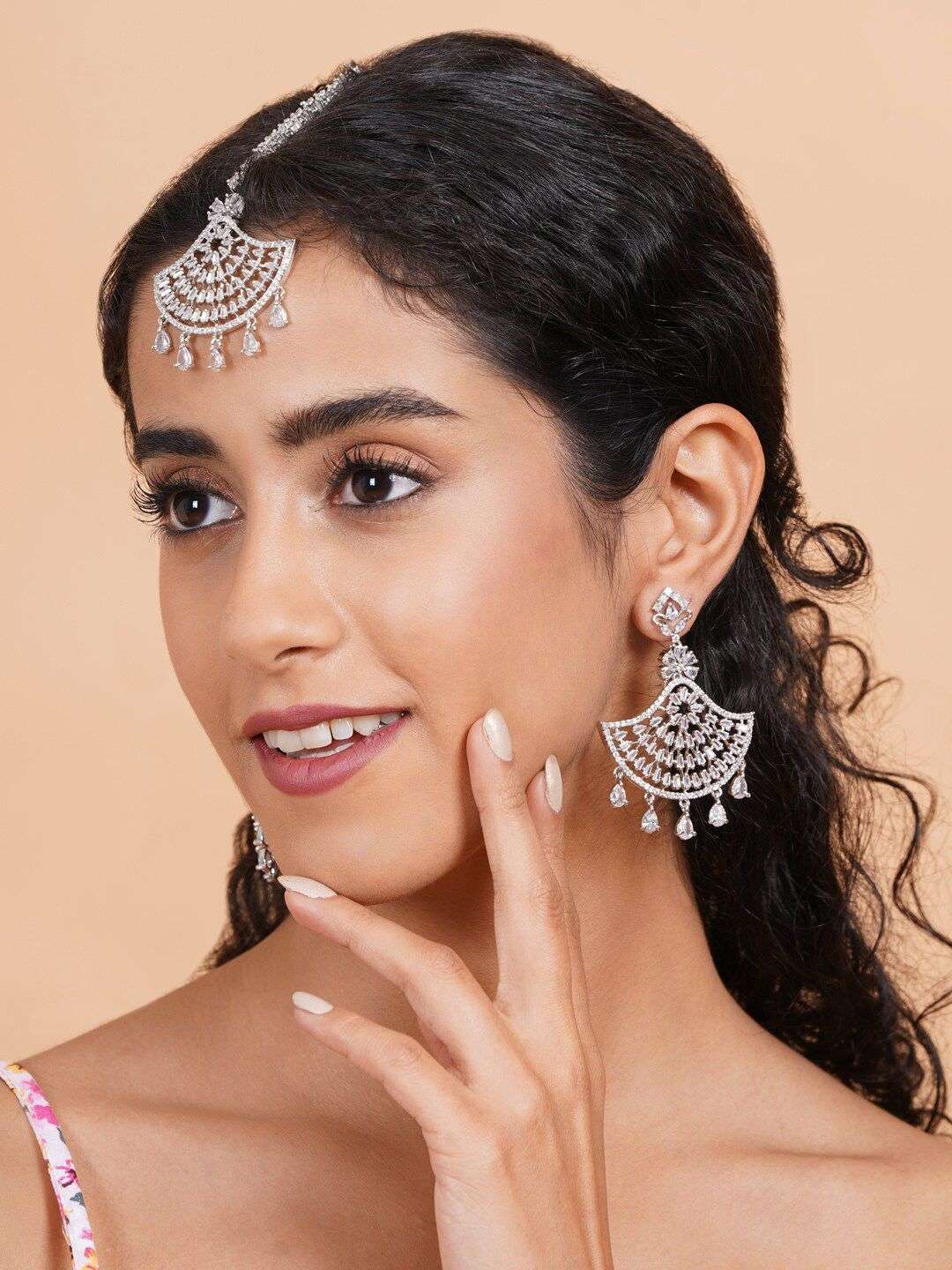 Silver Plated American Diamond Studded Jewellery Set - Indya