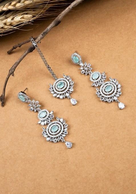 Silver Plated Contemporary Drop Earrings With Mangtika