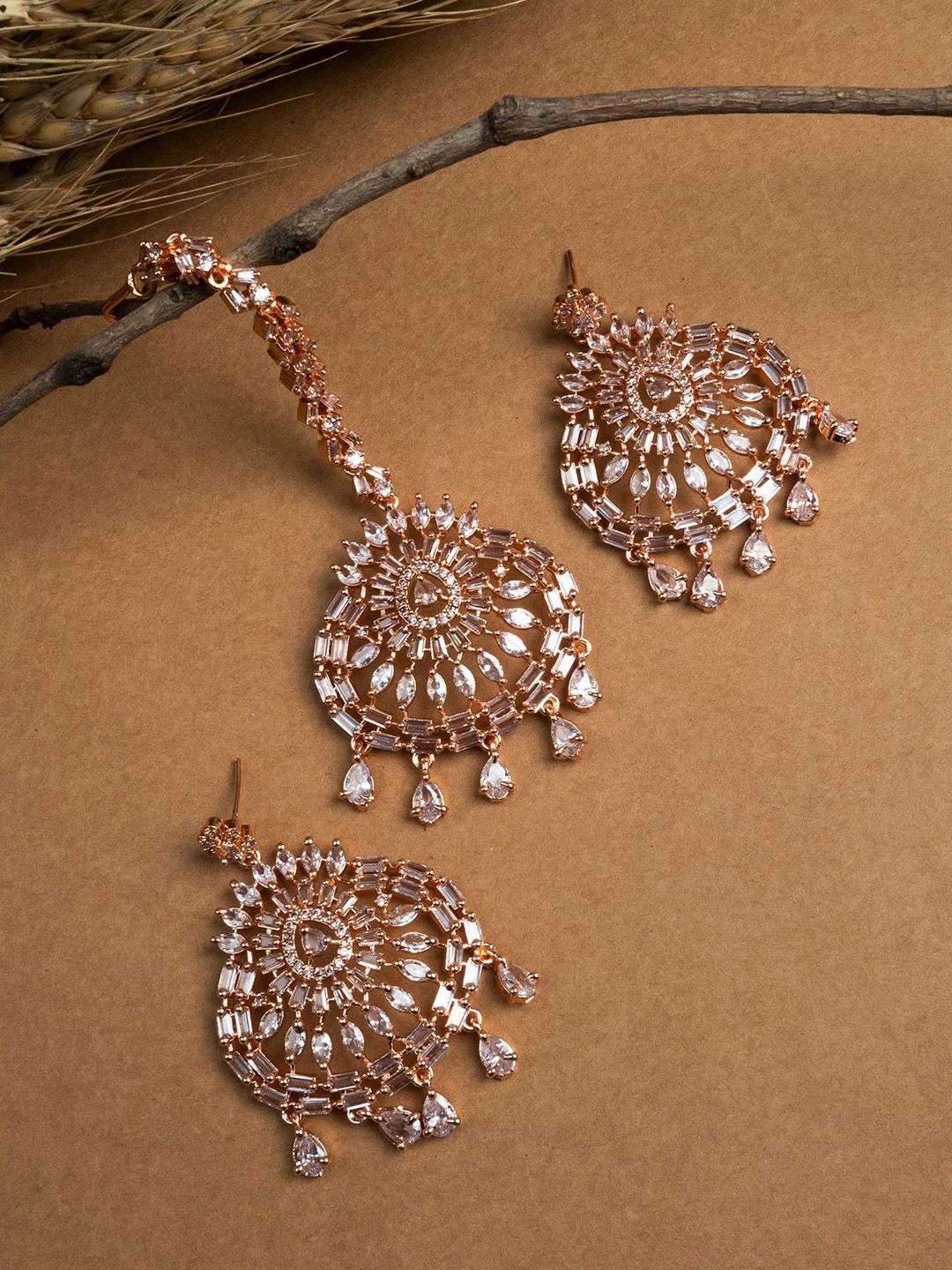 Rose Gold Plated Contemporary Drop Earrings With Mangtika - Indya