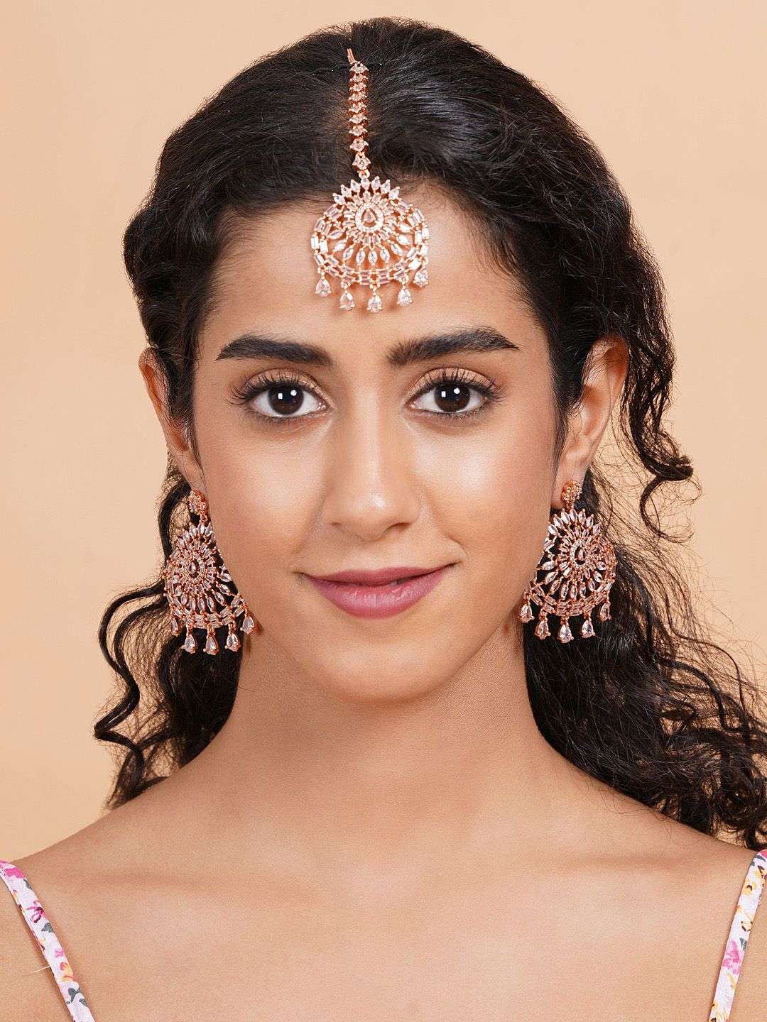 Rose Gold Plated Contemporary Drop Earrings With Mangtika - Indya