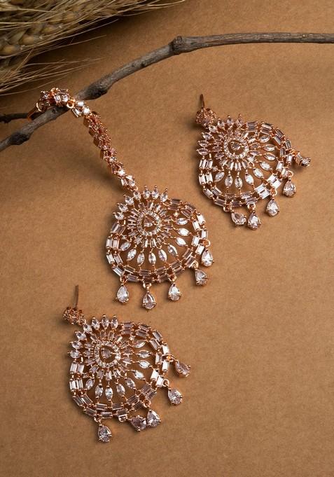 Rose Gold Plated Contemporary Drop Earrings With Mangtika