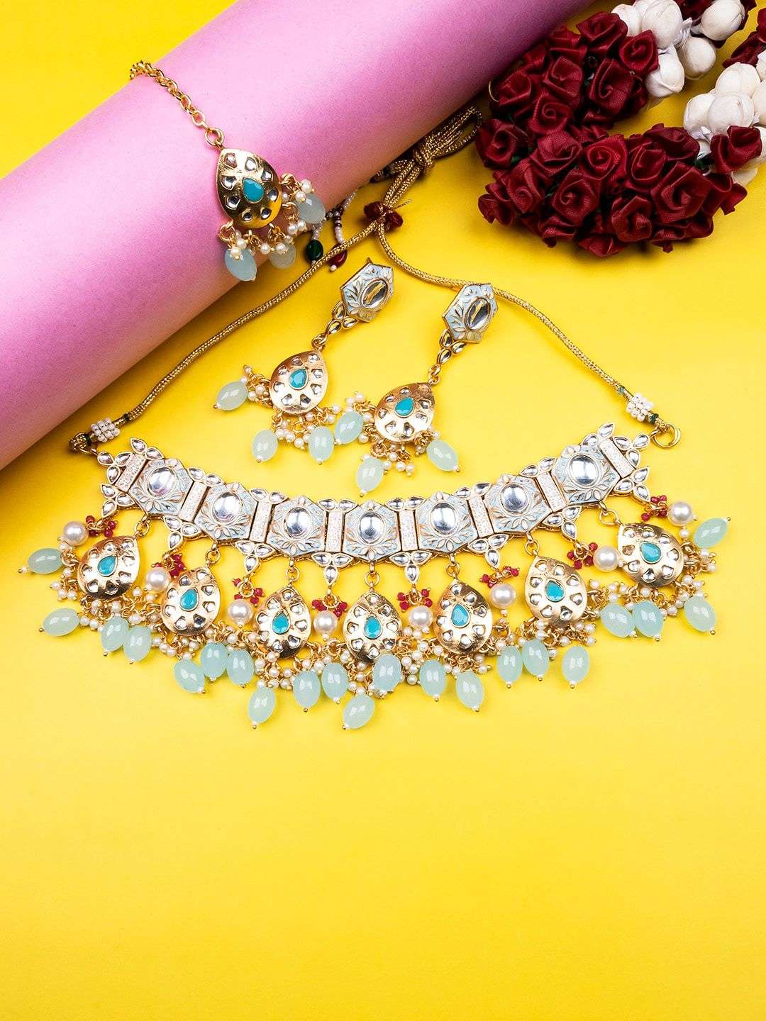 Gold Plated Kundan Studded And Beaded Jewellery Set - Indya