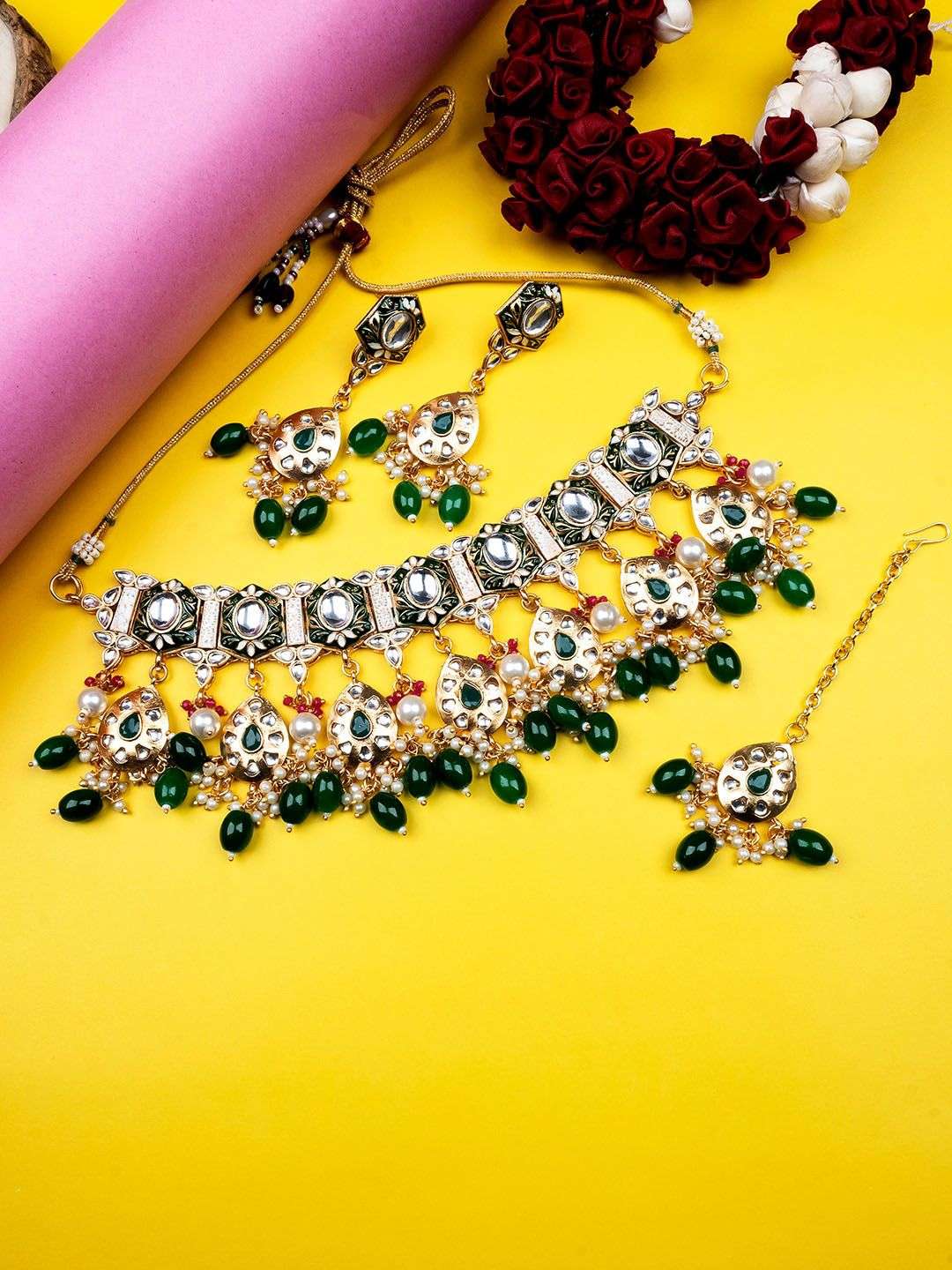 Gold Plated Kundan Studded And Beaded Jewellery Set - Indya