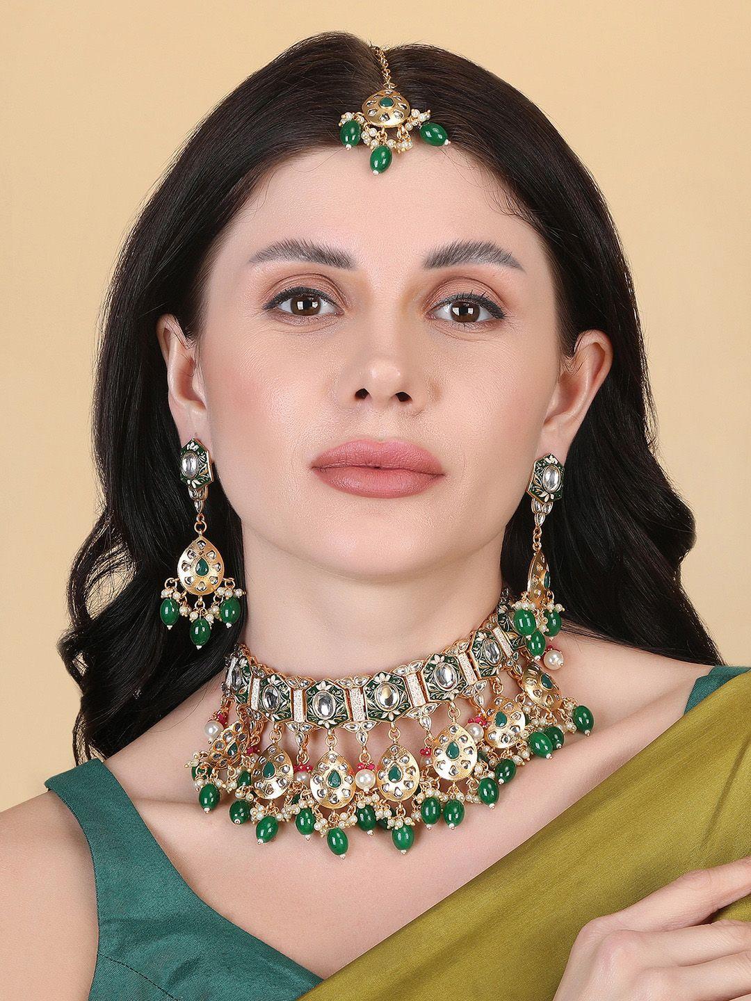 Gold Plated Kundan Studded And Beaded Jewellery Set