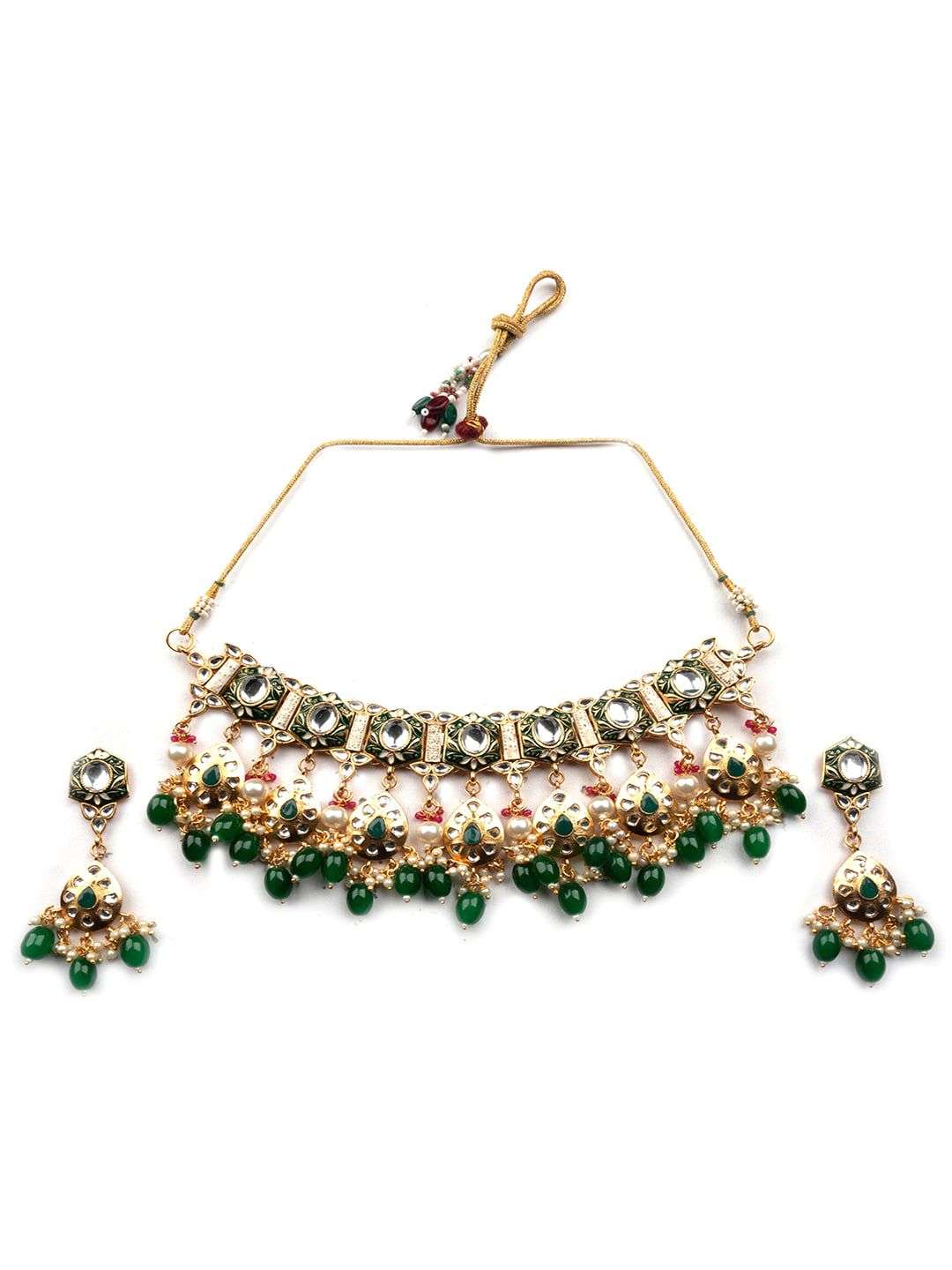 Gold Plated Kundan Studded And Beaded Jewellery Set - Indya
