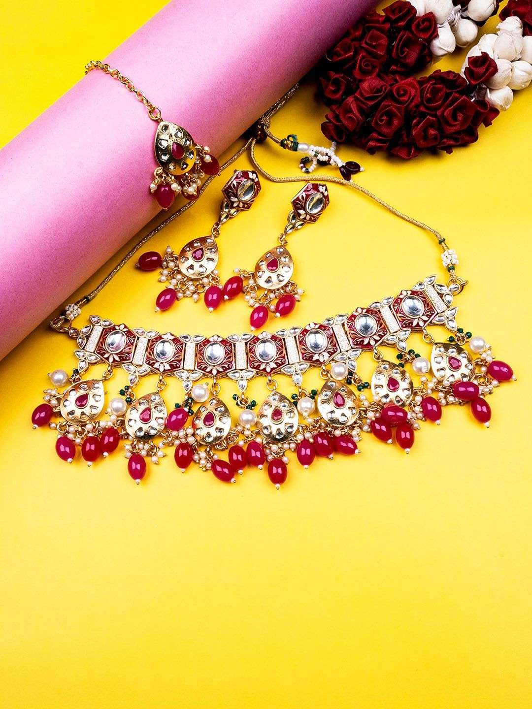 Gold Plated Kundan Studded And Beaded Jewellery Set - Indya