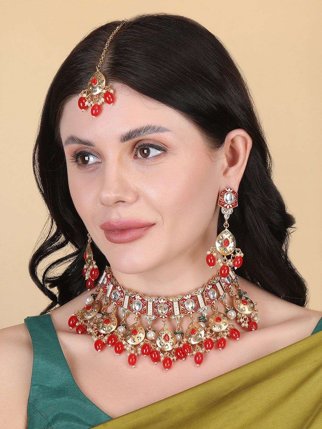 Gold Plated Kundan Studded And Beaded Jewellery Set - Indya