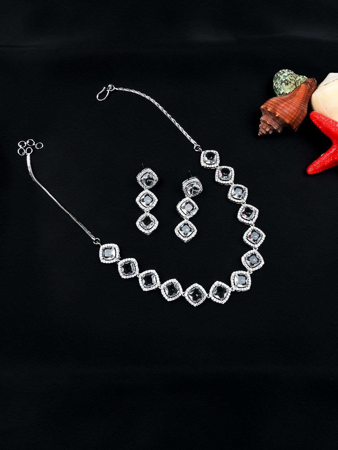 Silver Plated American Diamond Studded Jewellery Set - Indya
