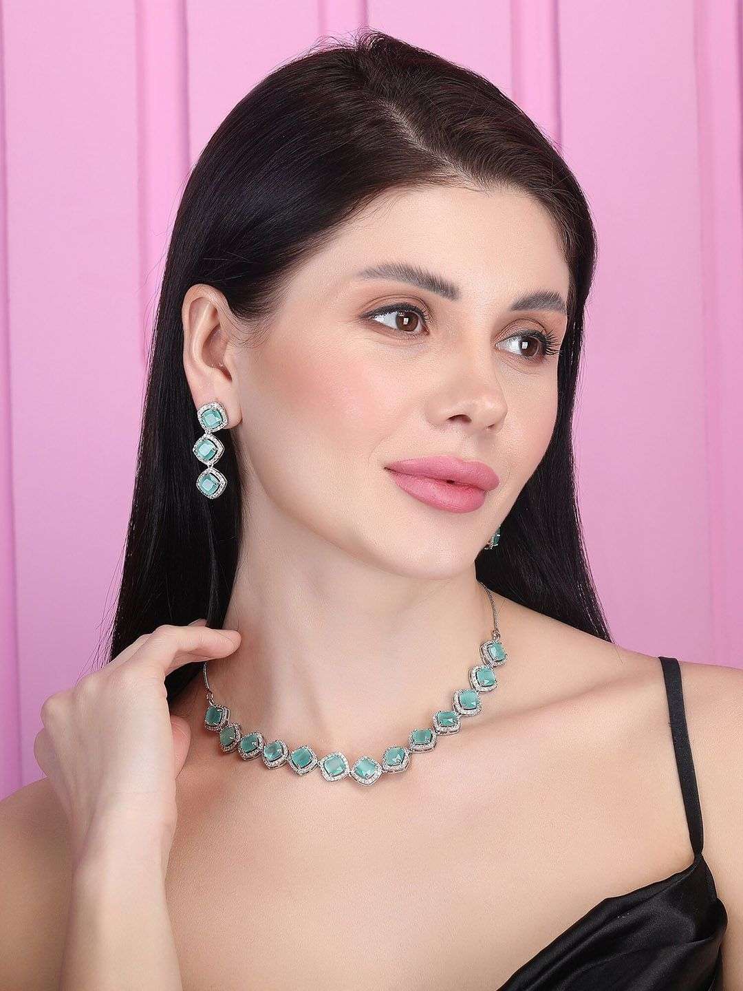 Silver Plated American Diamond Studded Jewellery Set - Indya