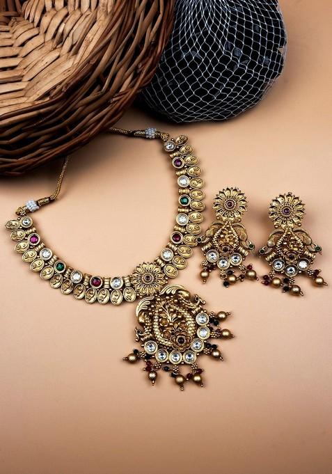 Gold Plated Stone Studded Kempu Jewellery Set