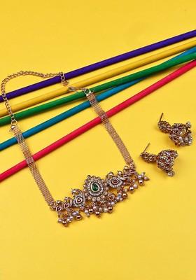 Gold Plated Stone Studded And Beaded Temple Jewellery Set