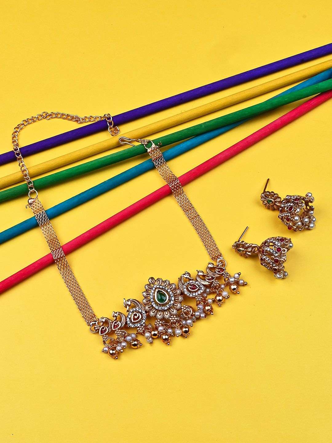 Gold Plated Stone Studded And Beaded Temple Jewellery Set - Indya