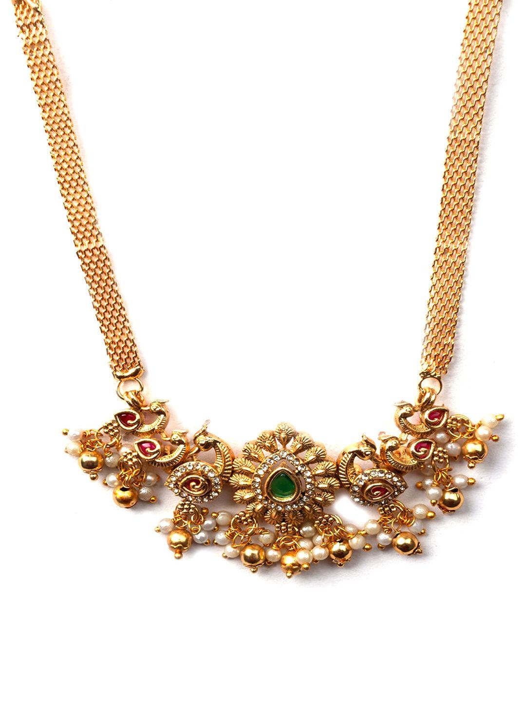 Gold Plated Stone Studded And Beaded Temple Jewellery Set