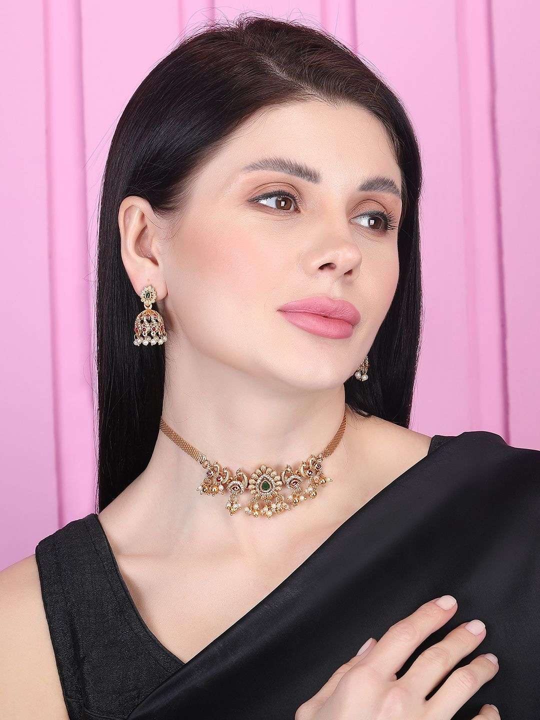 Gold Plated Stone Studded And Beaded Temple Jewellery Set - Indya