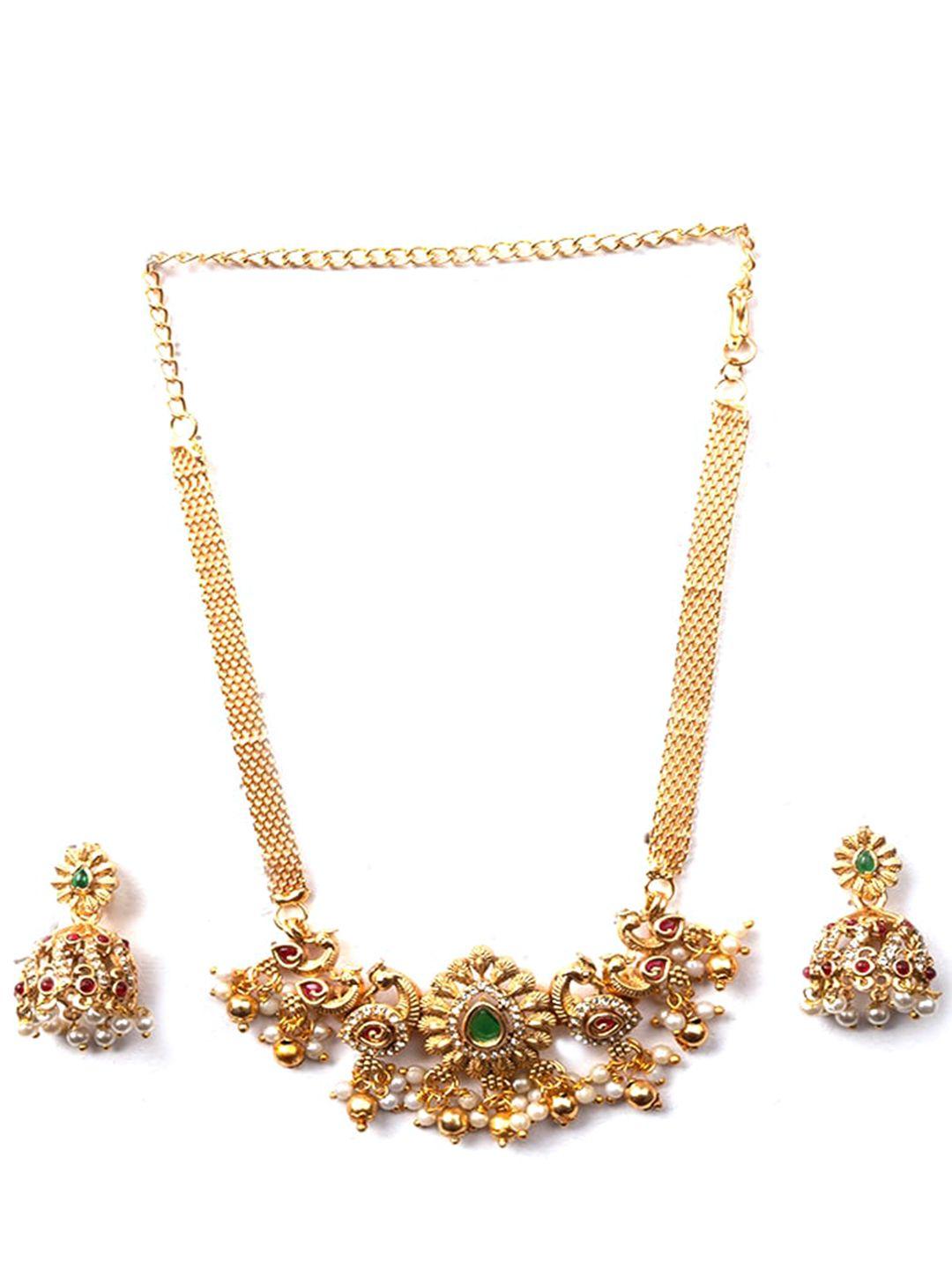 Gold Plated Stone Studded And Beaded Temple Jewellery Set