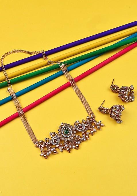Gold Plated Stone Studded And Beaded Temple Jewellery Set