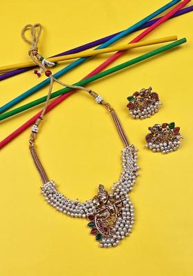 Gold Plated Radha Krishna Hydra Beaded Necklace And Earrings