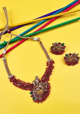 Gold Plated Radha Krishna Hydra Beaded Necklace And Earrings