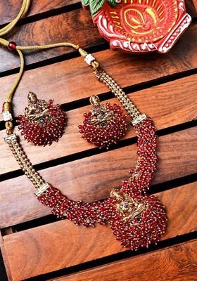 Gold Plated Temple Laxmi Hydra Beaded Necklace And Earrings