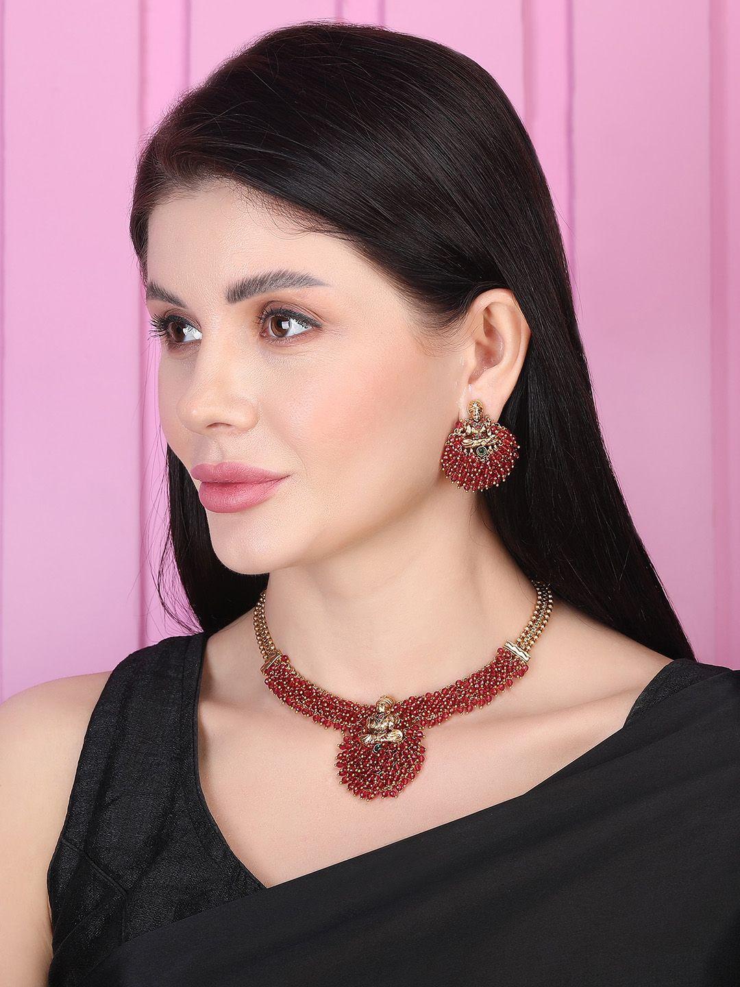 Gold Plated Temple Laxmi Hydra Beaded Necklace And Earrings