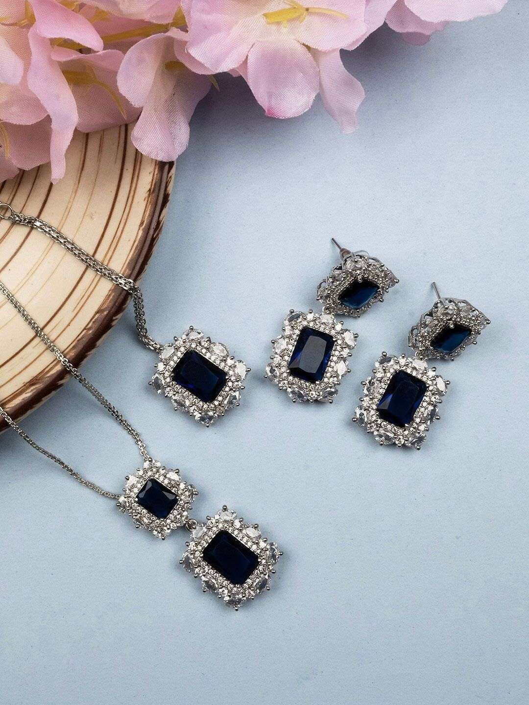 Rhodium Plated Cz Studded Square Pendant Set - Indya
