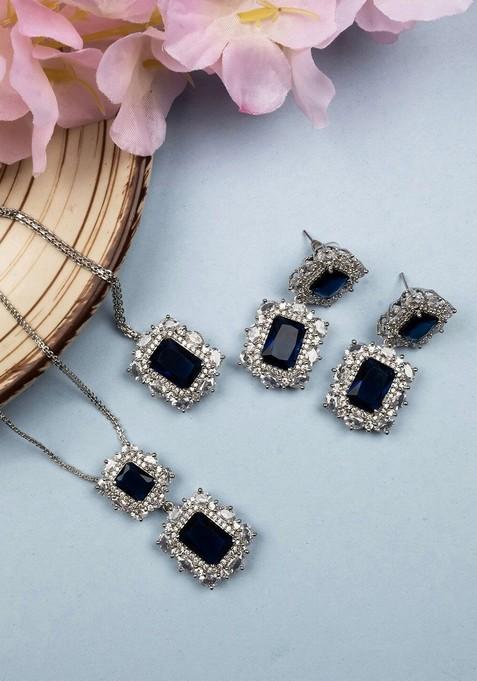 Rhodium Plated Cz Studded Square Pendant Set