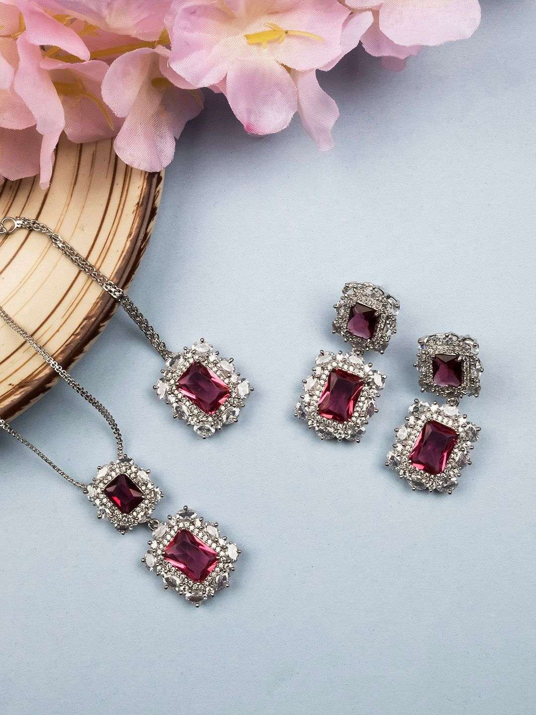 Rhodium Plated Cz Studded Square Pendant Set - Indya