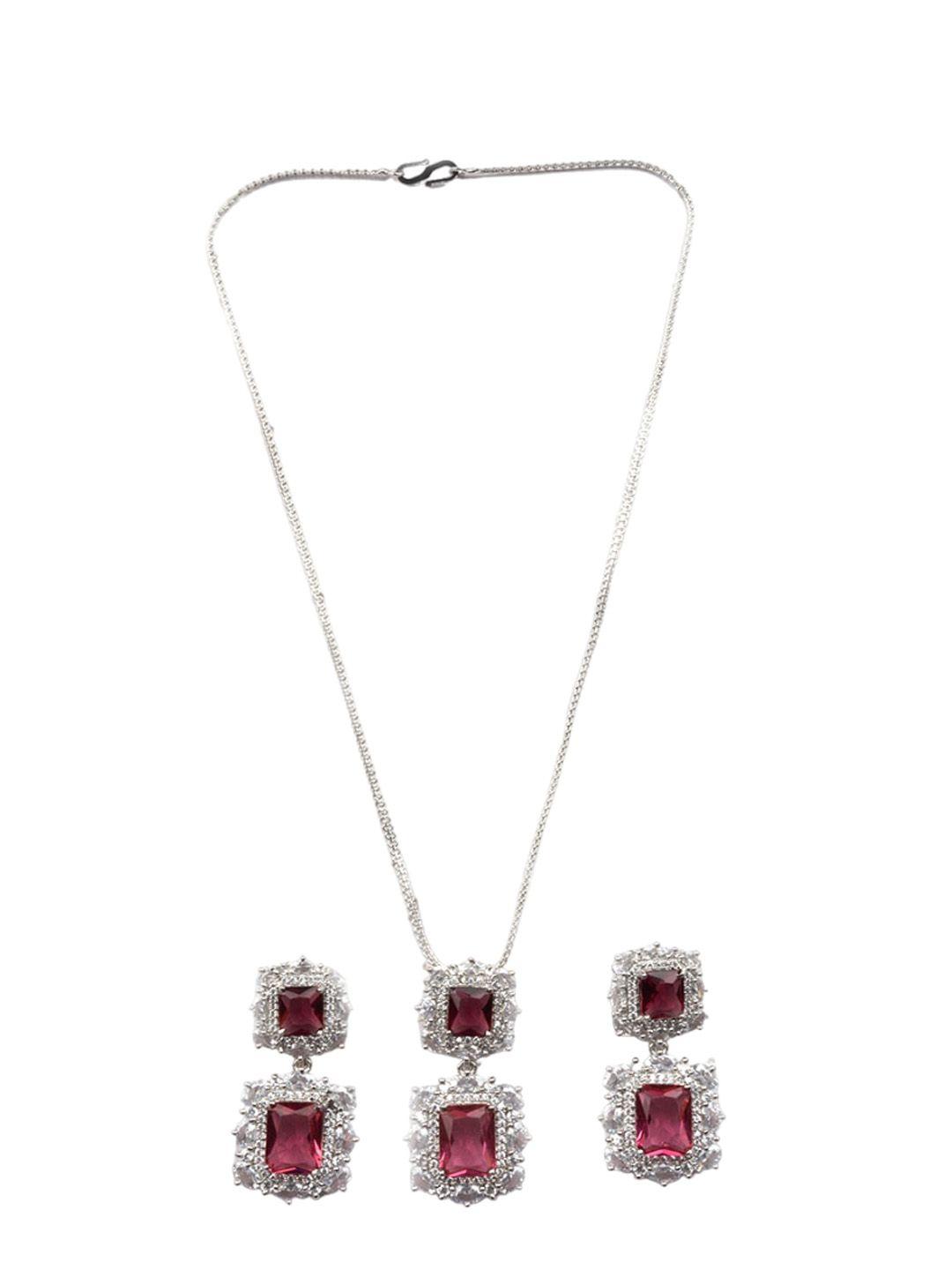 Rhodium Plated Cz Studded Square Pendant Set
