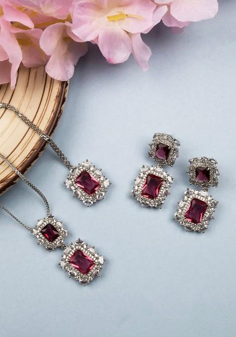 Rhodium Plated Cz Studded Square Pendant Set