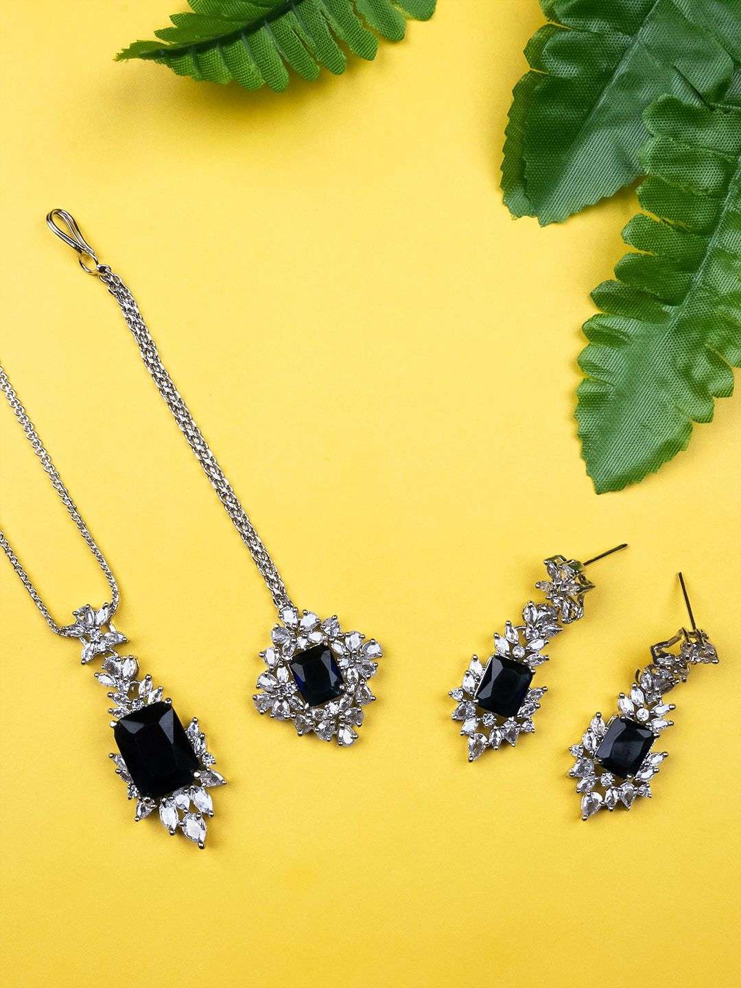 Rhodium Plated Cz Studded Square Pendant Set - Indya