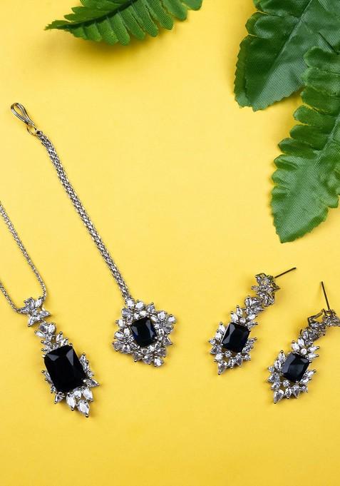 Rhodium Plated Cz Studded Square Pendant Set