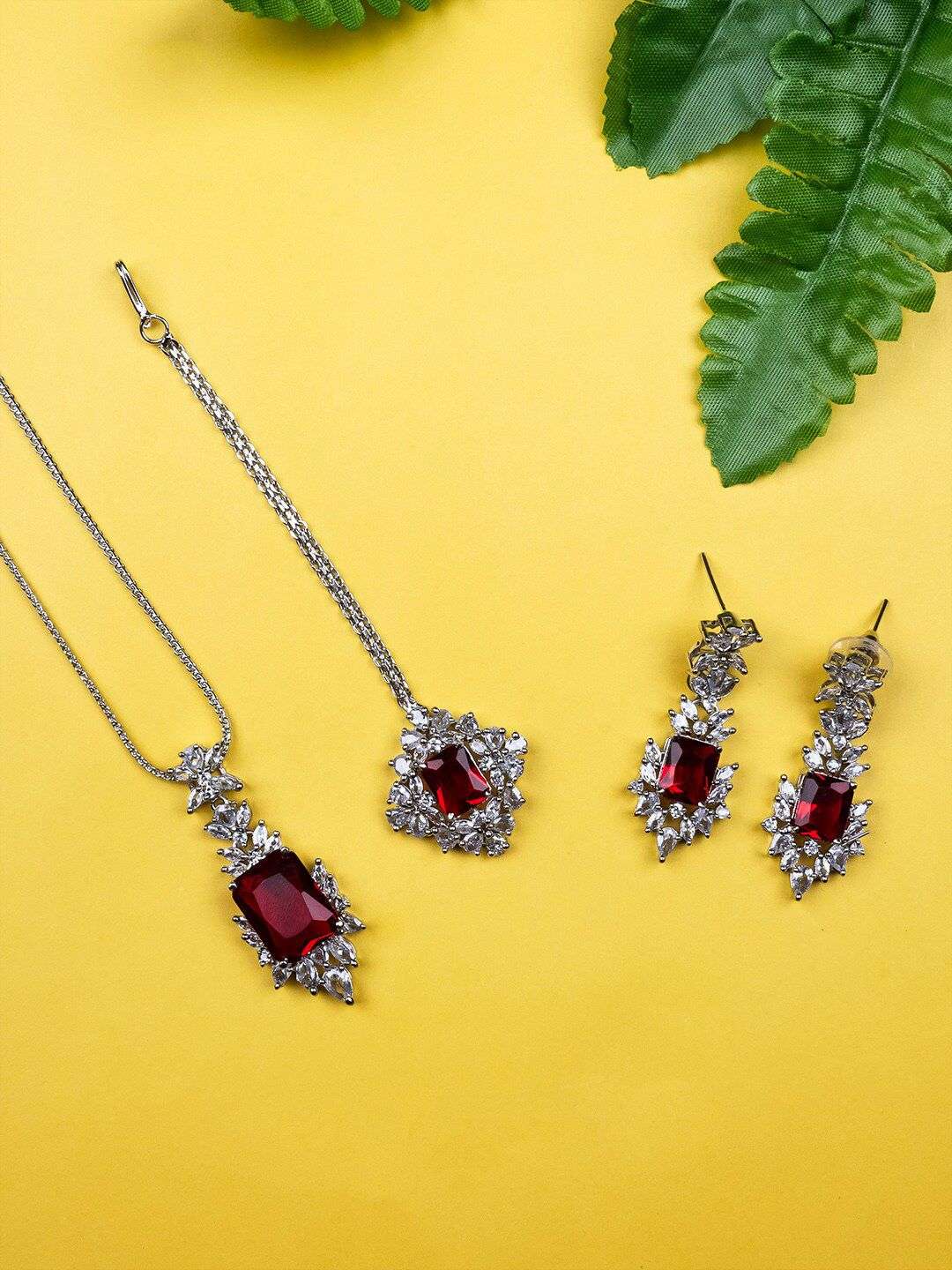 Rhodium Plated Cz Studded Square Pendant Set - Indya