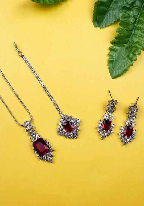 Rhodium Plated Cz Studded Square Pendant Set