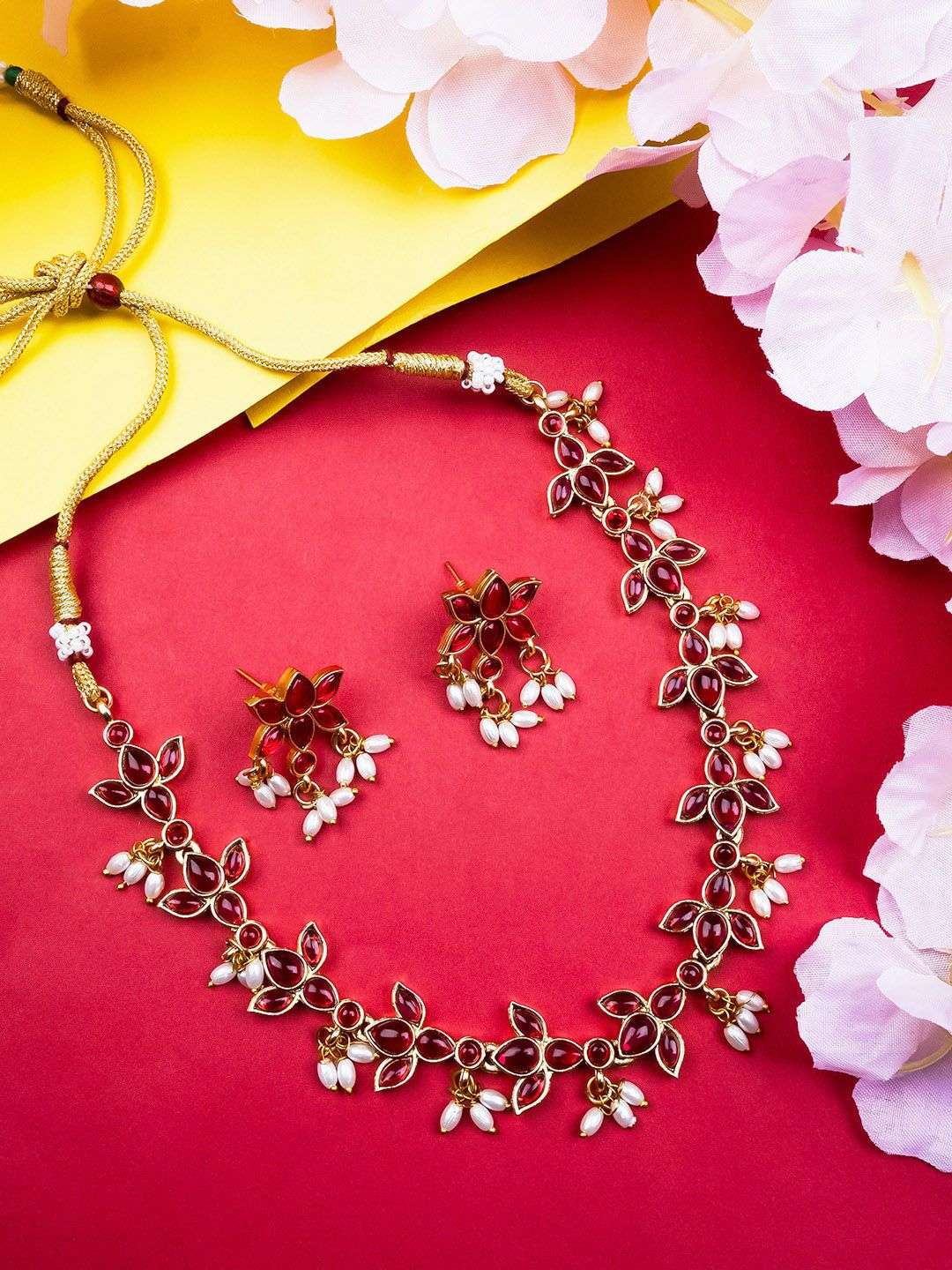Gold Plated Stones Studded And Beaded Jewellery Set - Indya